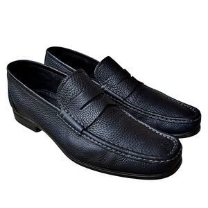 SANTONI Black Full Grain Leather Penny Loafer